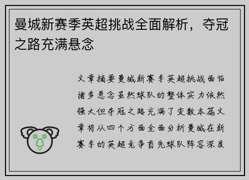 曼城新赛季英超挑战全面解析，夺冠之路充满悬念